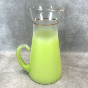 Vtg MCM Blendo Frosted Lime Green Glass Pitcher w/Gold Rim 10.25” Barware Decor